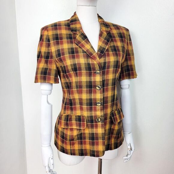 Vintage 90s Warm Tone Plaid Print Short Sleeve Blazer - Picture 2 of 6